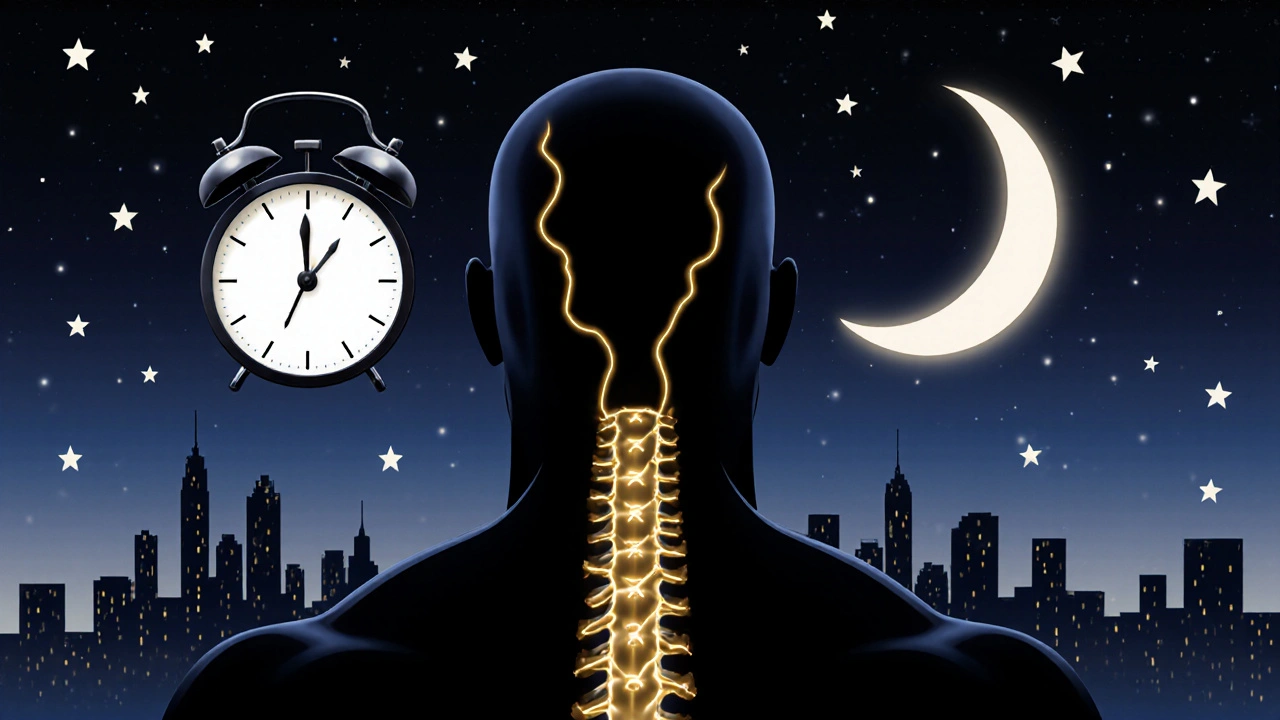 Konceptuálny obraz človeka s zlatými energetickými cestami od chodidiel po hlavu pri spánku.