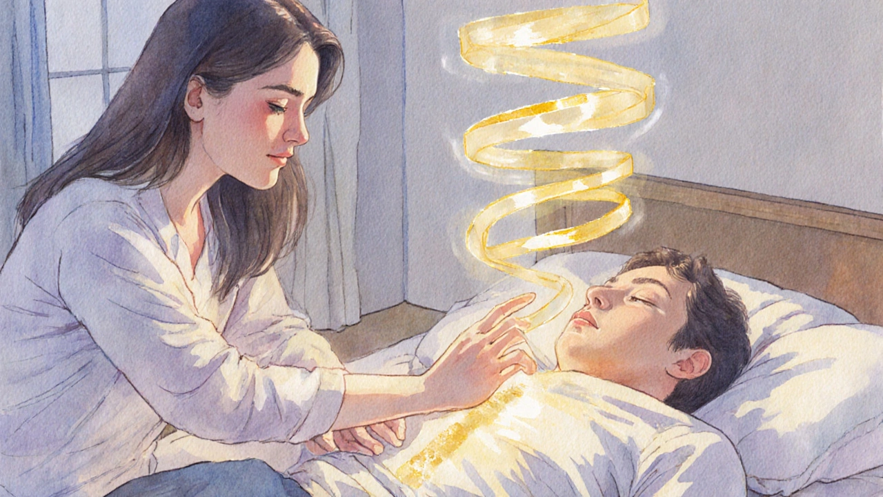 Pár pri lingam masáži, ženská rukou tlak na perineum, zlatá energia prúdi hore.