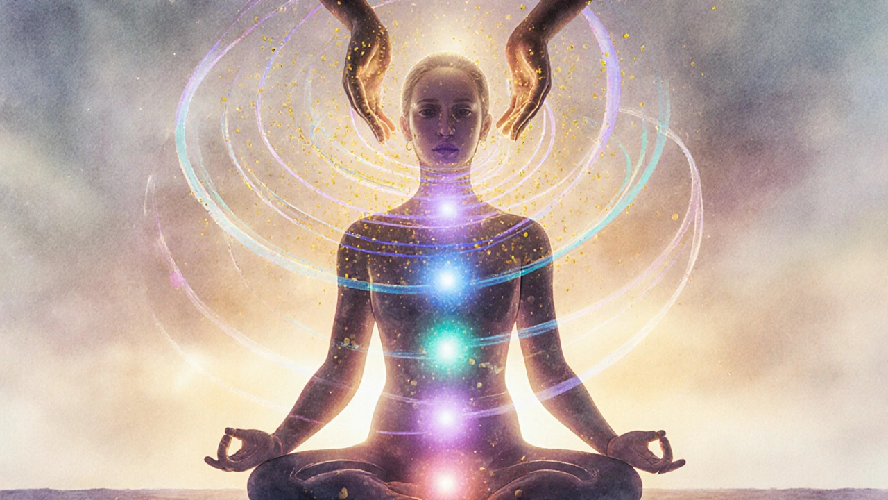 Postava v meditácii, dýchanie a energické čakry zobrazené ako farebné svetelné vlny.