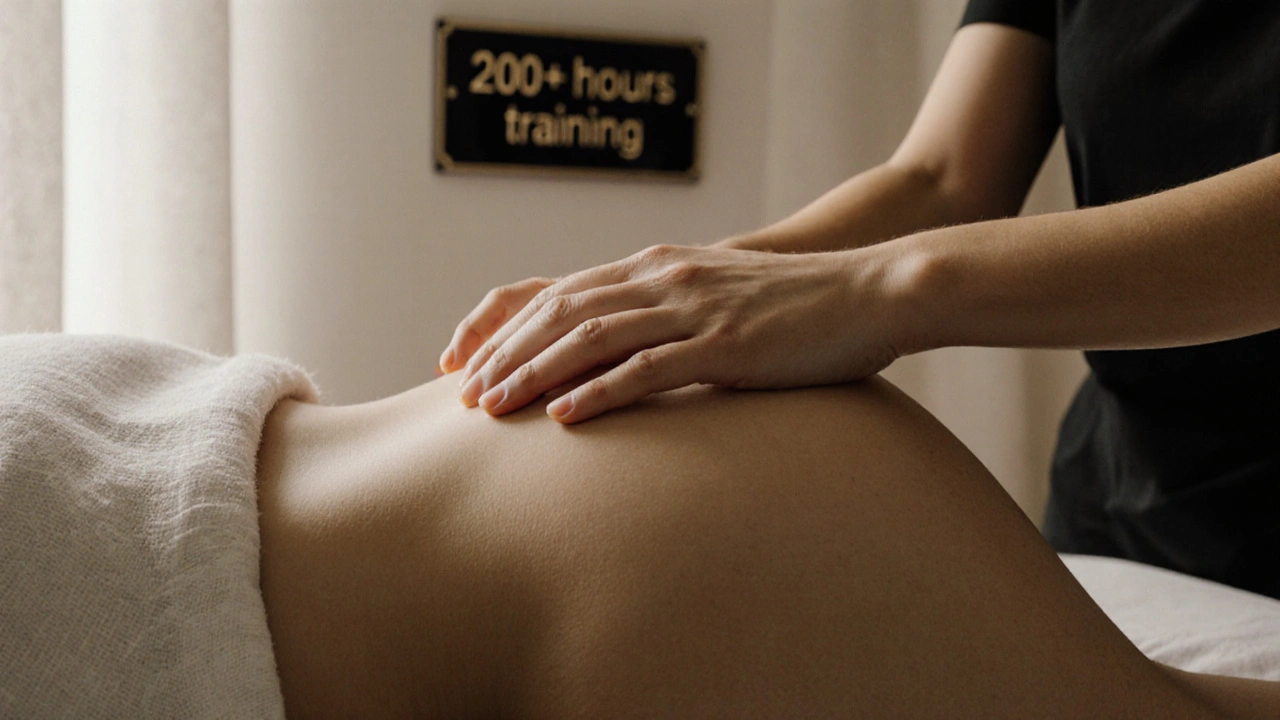 Ruka terapeuta sa pohybuje nad chrbtom klienta, všetko je pomalé a rešpektujúce.