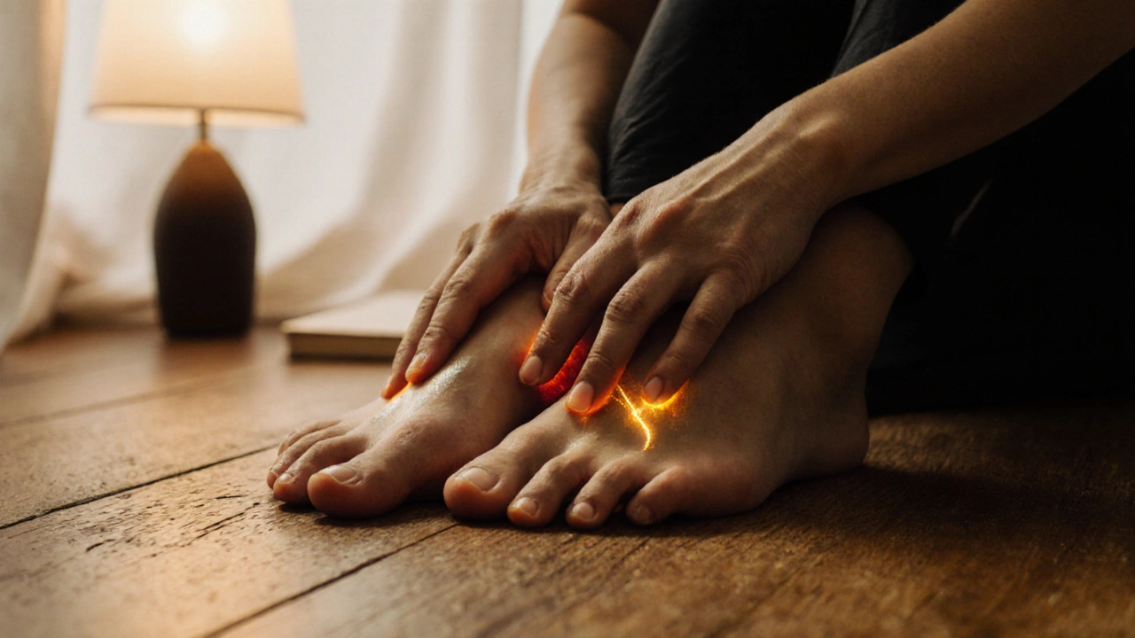 Ruky hladia chodidlá na drevenom podlahe pri jemnom svetle večerného rituálu.