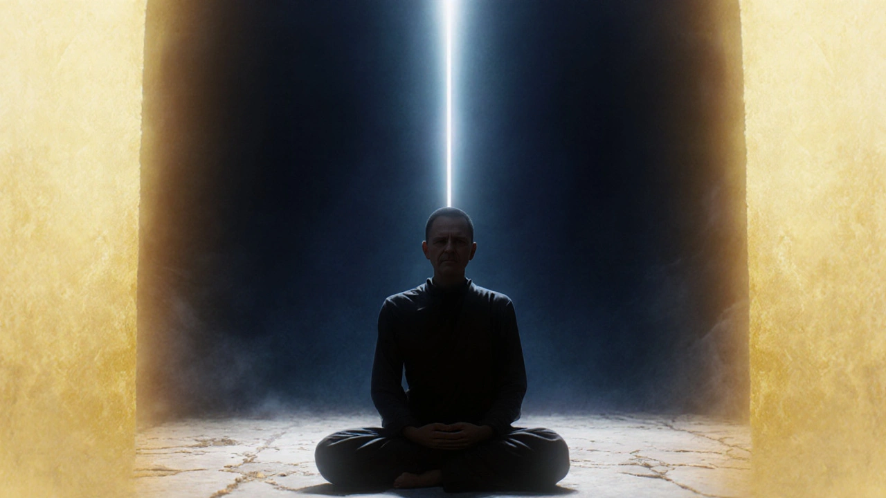 Sílhueta človeka v meditácii s jemným svetlom, ktoré symbolizuje uvoľnenie energie.