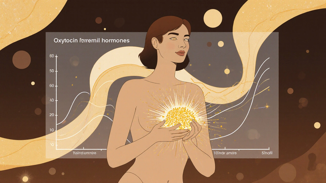 Abstraktná ilustrácia ženy s prúdmi svetla symbolizujúcimi hormóny spojenia, vznikajúce z jej tela.