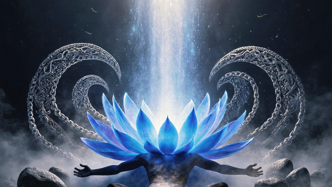 Abstraktný obraz otvárajúcej sa piatej čakry ako modrého lotosu, ktorý uvoľňuje reťaze a kameňe ako mlhu.