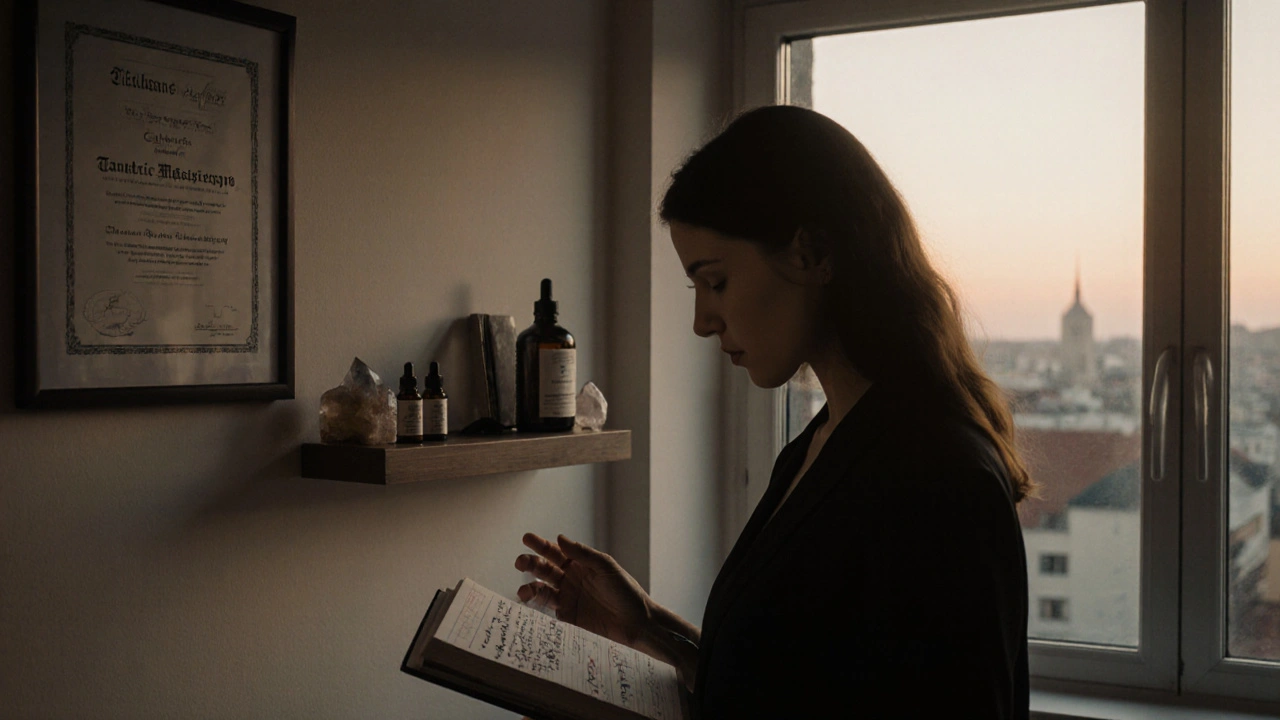 Certifikovaný masér stojí vedľa certifikátu, pozrie sa na svoje ruky plné zodpovednosti a múdrosti.