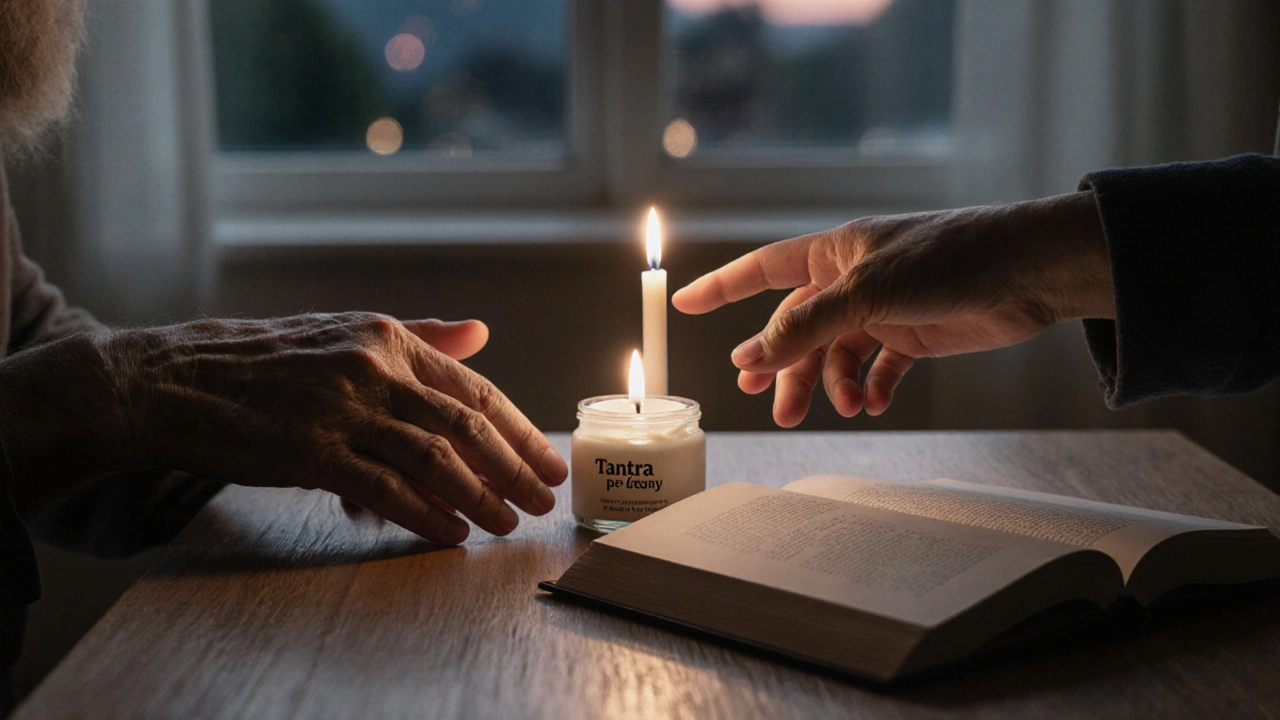 Dve ruky sa dotýkajú ruky, na stole kniha a krém, sviečka medzi nimi — ticho, spojenie, uzdravenie.