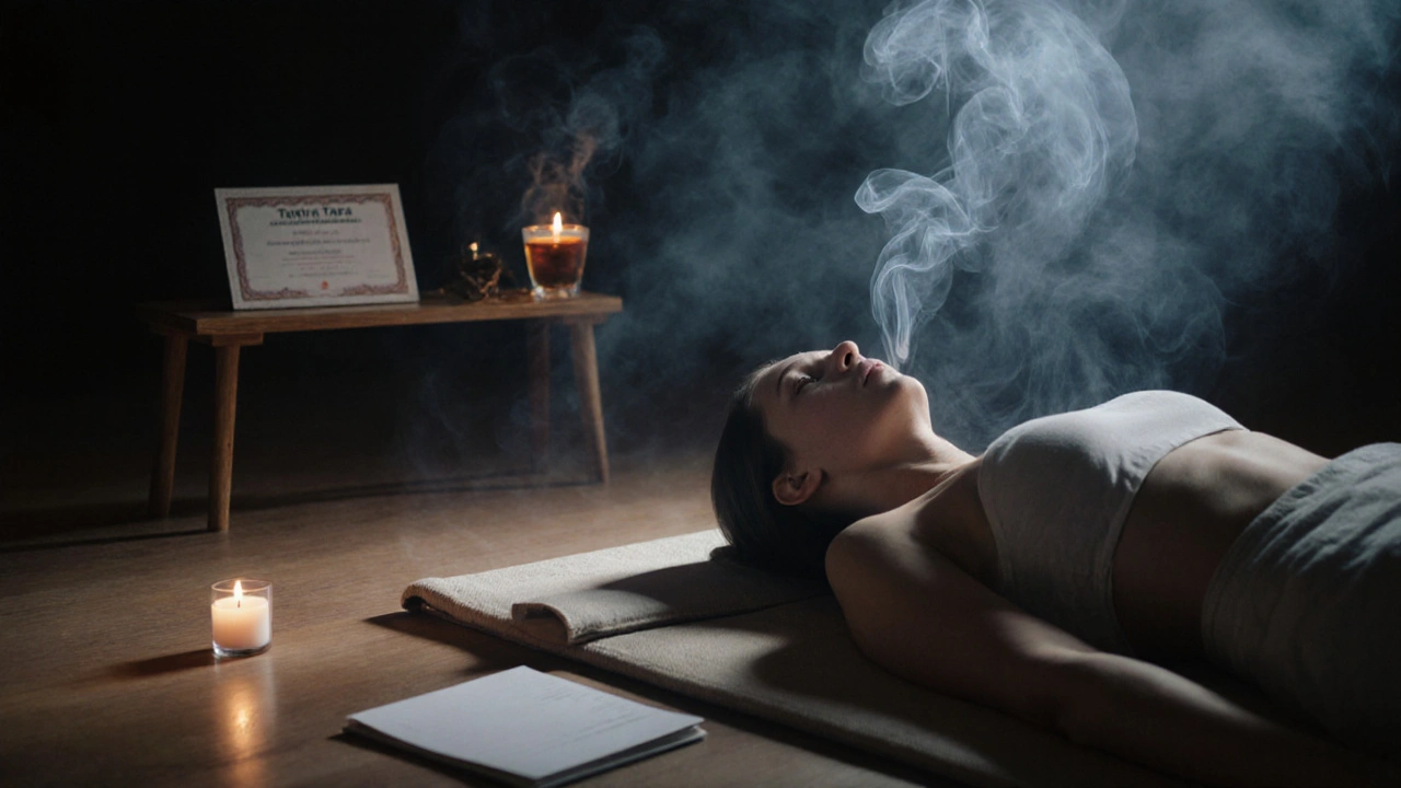 Klient po tantrickej masáži v tichej reflexnej zóne, sústredený na seba.