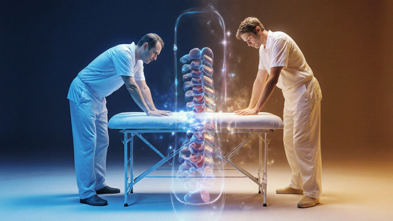 Kontrast medzi tradičnou a modernou masážnou technikou s dôrazom na ergonómii.