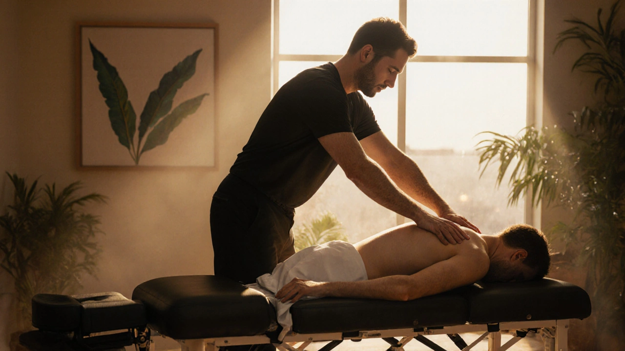 Masér pracuje v prirodzenej pozícii pri milking stole, klient je stabilne upevnený.