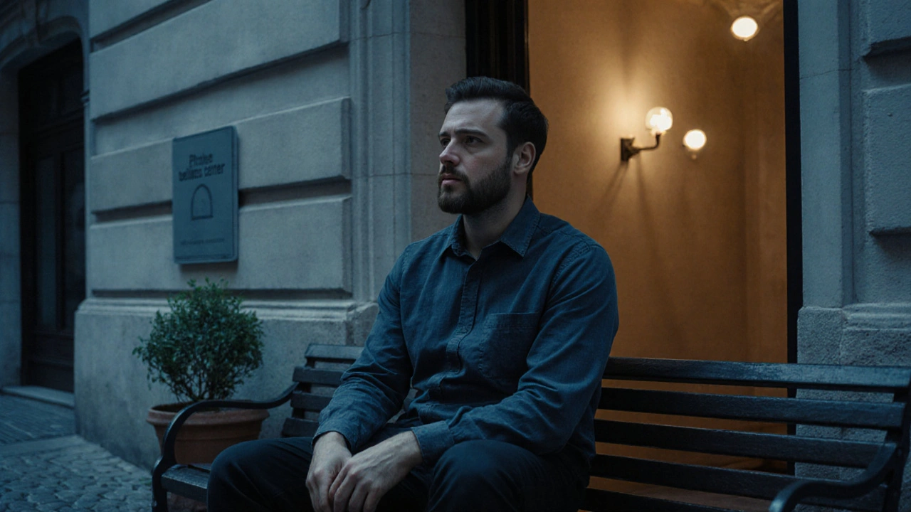 Muž sediaci na lavičke pred diskrétnym wellness centrom v Prahe pri súmraku, premýšľajúci o skúsenosti.