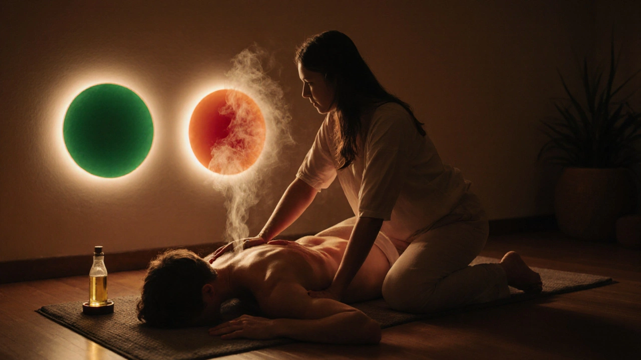 Pár si provádí tantrickou masáž na podlaze, teplý olej na kůži, na pozadí barevné signály.