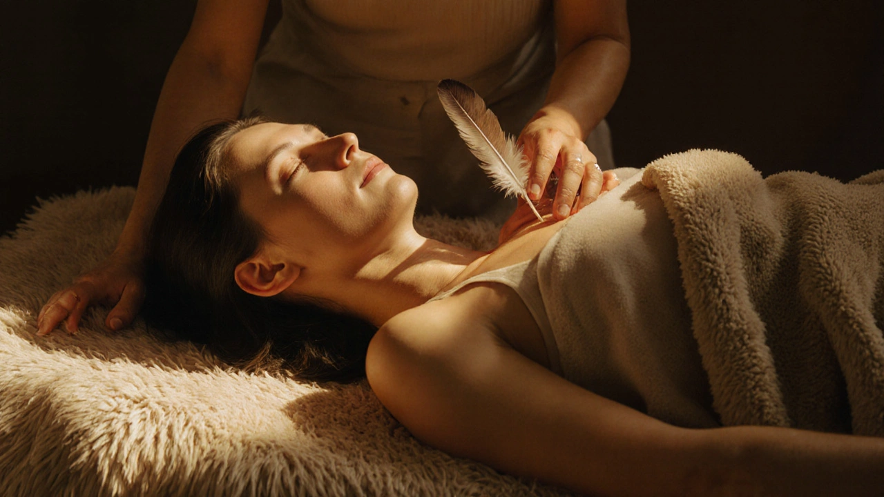 Praktik používa rôzne materiály na jemný dotyk na tela bez náhodného alebo erotického účelu.