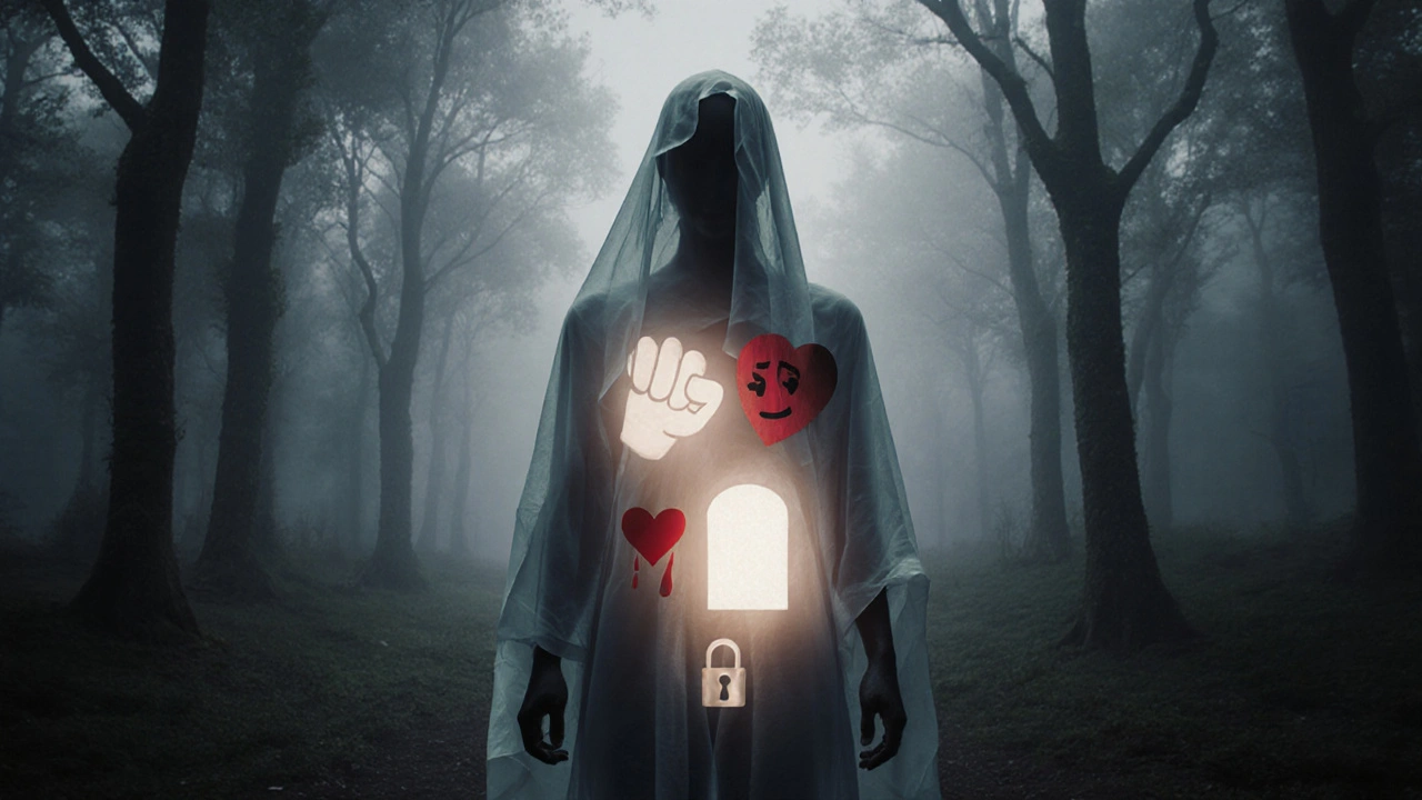 Priesvitný siluét človeka s vloženými emocionálnymi symbolmi, svetlo z hrudníka a pánve.