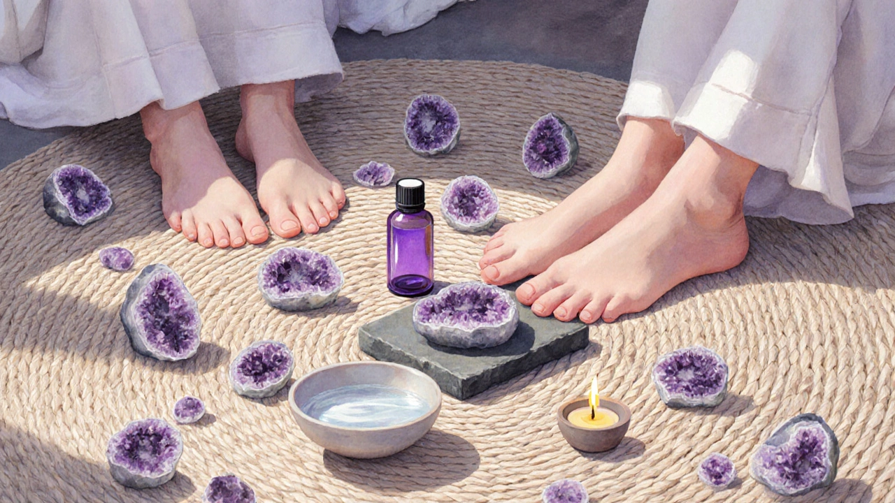 Rituálny priestor s prírodnými pomôckami: kameňe, olej, sviečka, plátno na zemi.