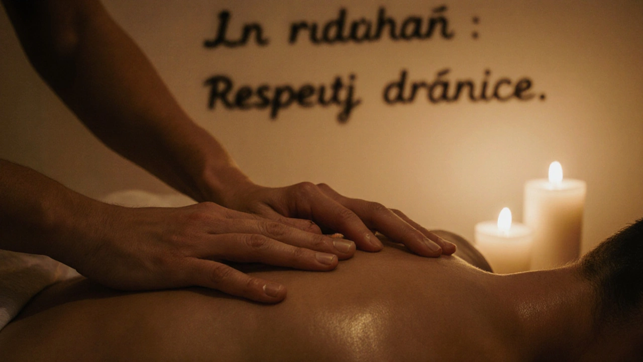 Ruka terapeuta sa pohybuje k tělu klienta, ale zastavila sa, aby požiadala o súhlas.