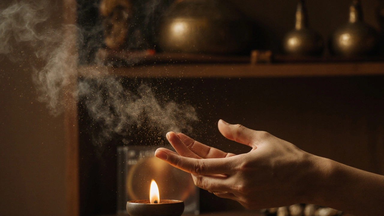 Ruka vydávajúca hlboký zvuk počas tantrickej relácie, s viditeľným dychom a vibrujúcimi zvukovými vlnami v okolí.