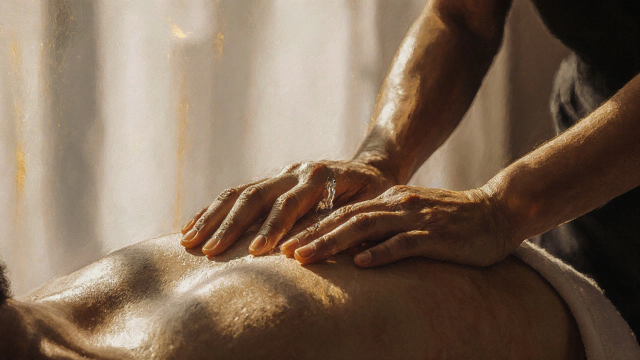 Ruky jemne pokrývajú brucho osoby počas tantrickej masáže, jedna slza na jej tvári.