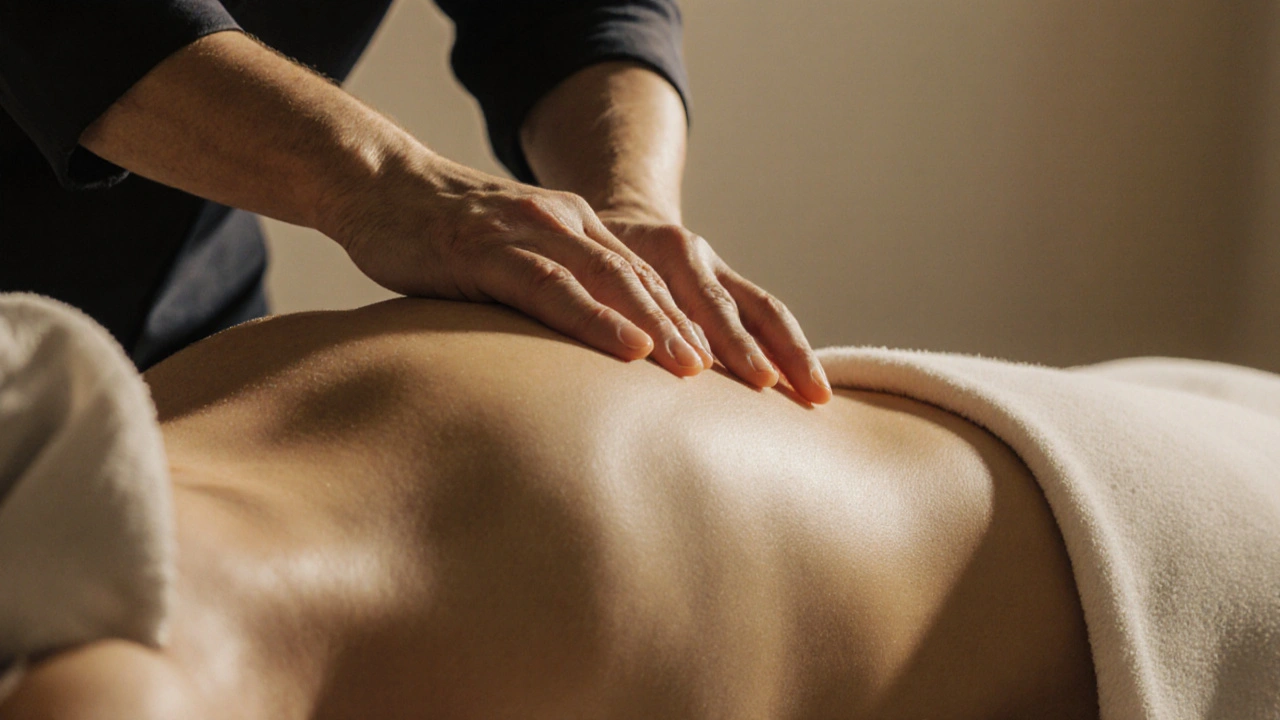 Ruky terapeuta vykonávajúce jemný, ritmický pohyb po pokrytom tele počas masáže.