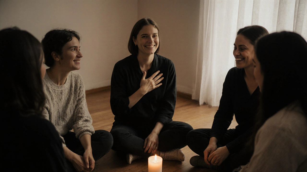 Skupina ľudí po masáži, niektorí pláču, iní sa usmievajú — ticho, útulnosť a premena v priestore.