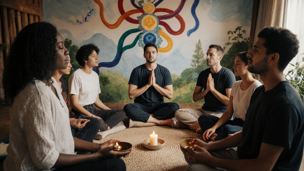 Skupina ľudí sedí v kruhu a dýcha sústredene spoločne v klidnom, prírodnom prostredí.