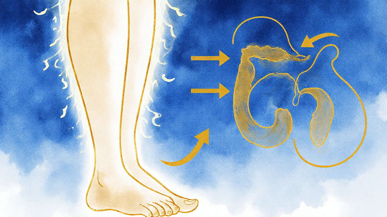 Symbolický obraz tela s energetickými čiarami a svalmi pánvového dna, ktoré sa posilňujú cvičením.