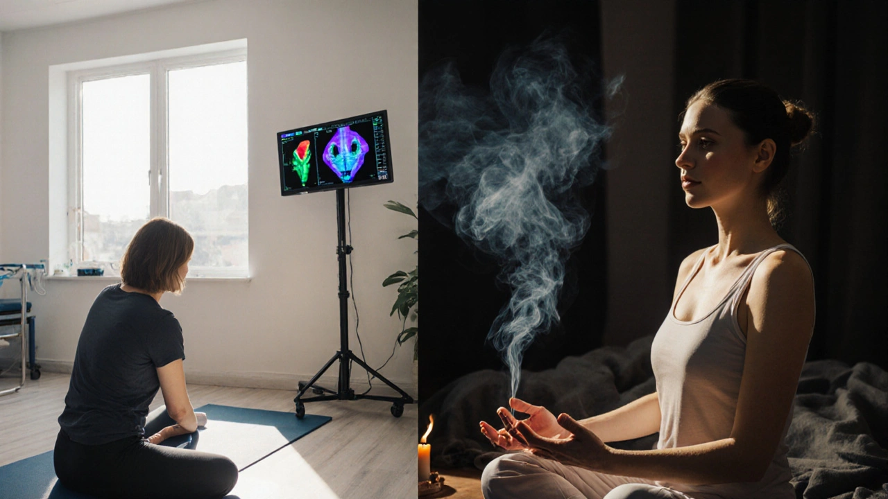 Žena robí Kegelove cvičenia v fyzioterapeutickom priestore s monitorom a súčasne sa uvoľňuje v tantrickej sezení.