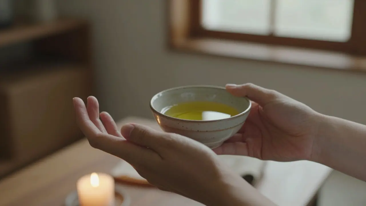 Dve ruky — jedna drží olej, druhá sa dotýka zápästia — v teplej svetlej atmosfére.