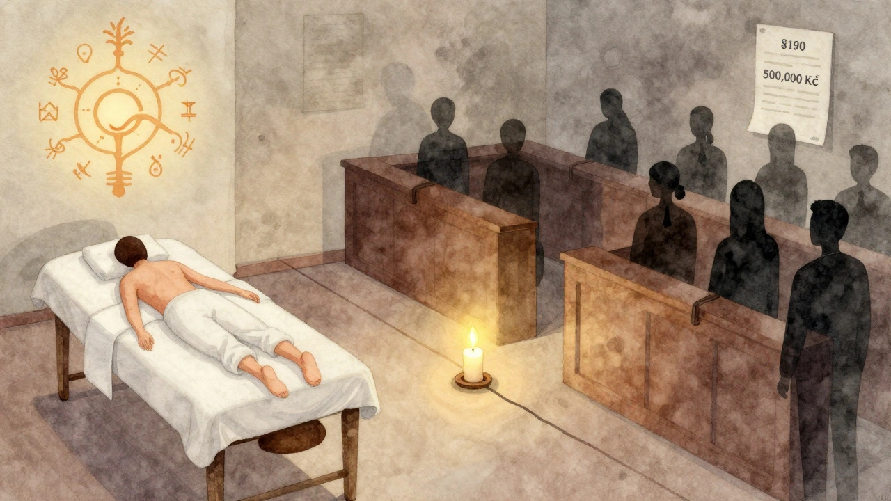 Konceptuálna ilustrácia hranice medzi legálnou masážou a právnymi rizikami s sviečkou na pomedzí.