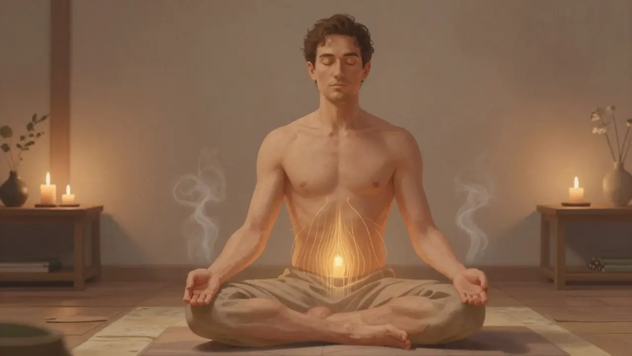 Muž medituje v pokojnom, teplej miestnosti s jemnými energetickými čiarami okolo panvy.