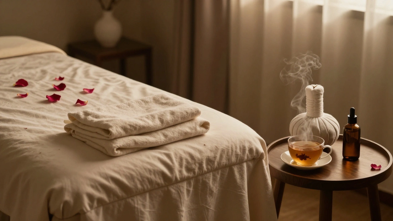 Pokojná miestnosť s masážnym stolom, sviečkami a bylinným čajom pripravená na návštevu.