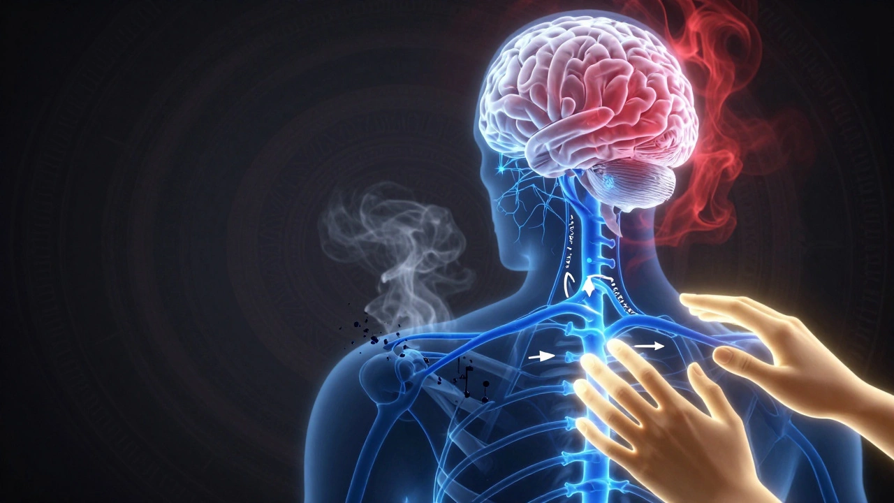 Schematic znázornenie nervového systému s prerušenými signálmi kvôli alkoholu, terapeutov ruky ako zlaté svetlo.