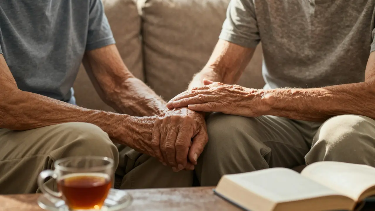 Starší pár sa ticho drží za ruku v slnečnom izbe, bez slov, iba spojenie.