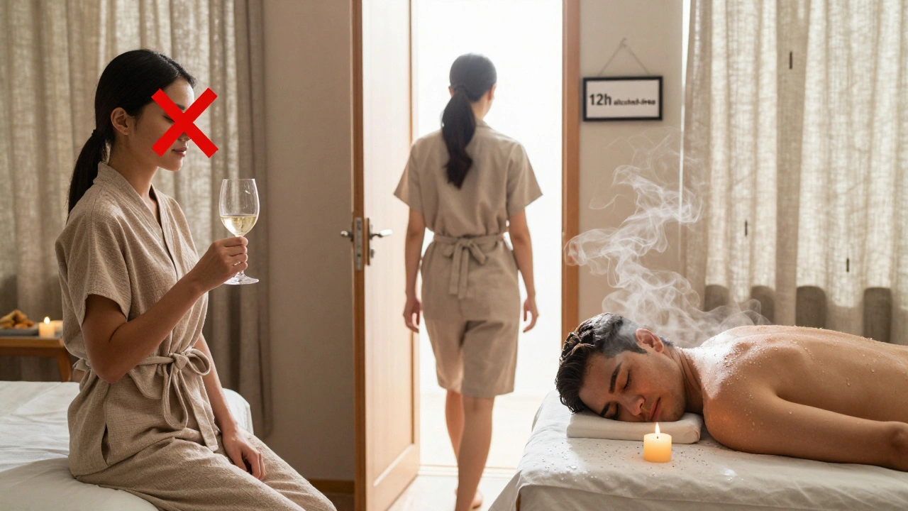 Tri postavy: jeden odmieta alkohol, druhý odchádza, tretí klidne leží na masážnom stole s vodou a sviečkou.