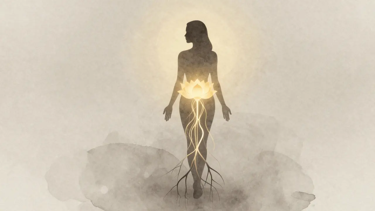 Ženská silueta vychádza z tieňa do zlatého svetla, s energetickými čiarami k lotosu.
