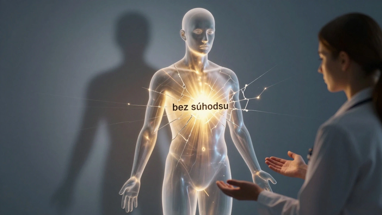 Zlatá energia prúdi telom, ale intimné oblasti sú zakázané prekážkou, symbolizujúcou nedostatok súhlasu.