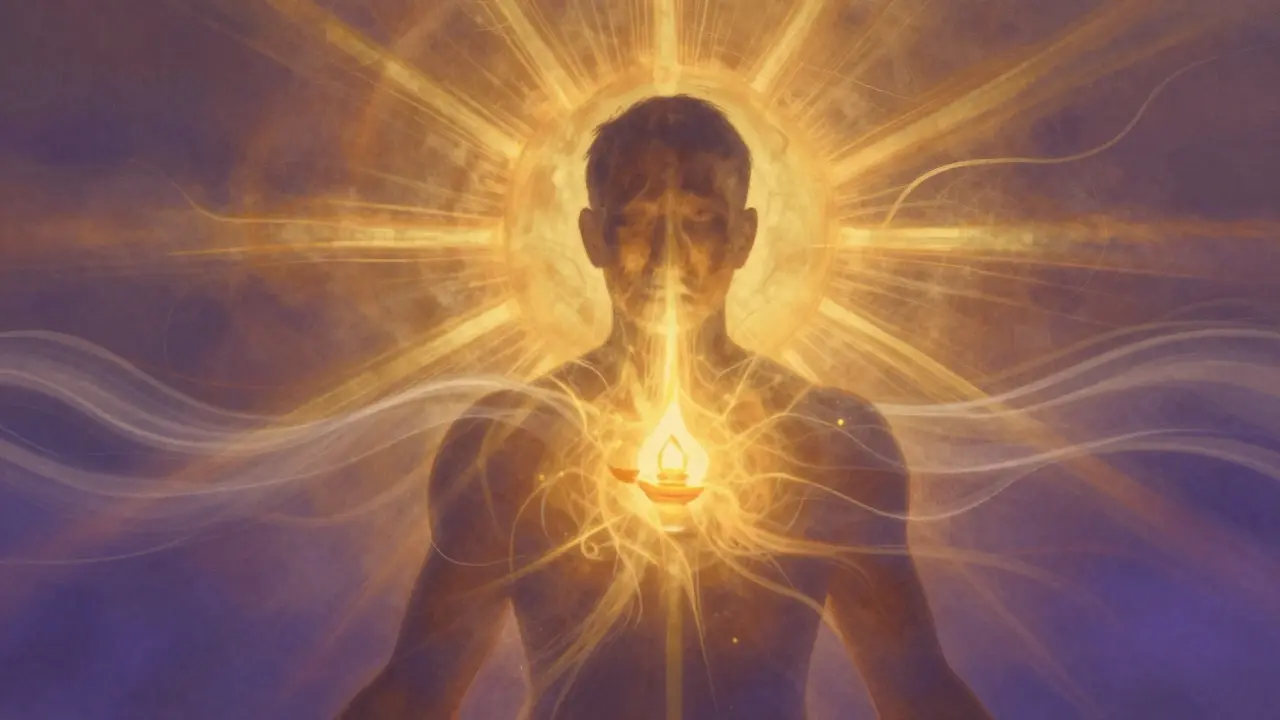 Abstraktní vizualizace zlatého světla šířícího se z těla a odstraňujícího stres.