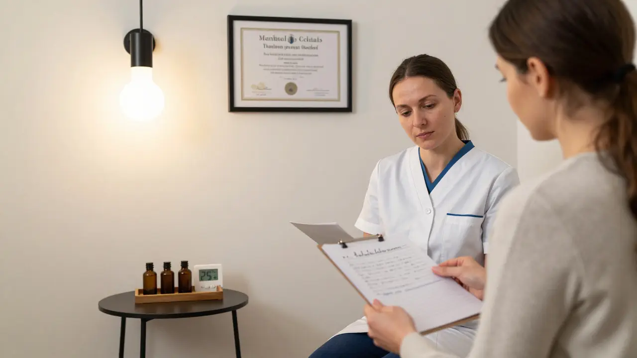 Certifikovaný terapeut v kanceláři wellness centra s dokumenty a oleji.