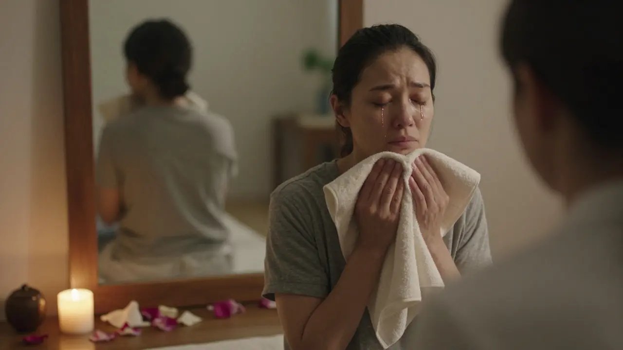 Client sitting alone after session, tears falling, holding a towel, surrounded by soft light — emotional release and inner peace.