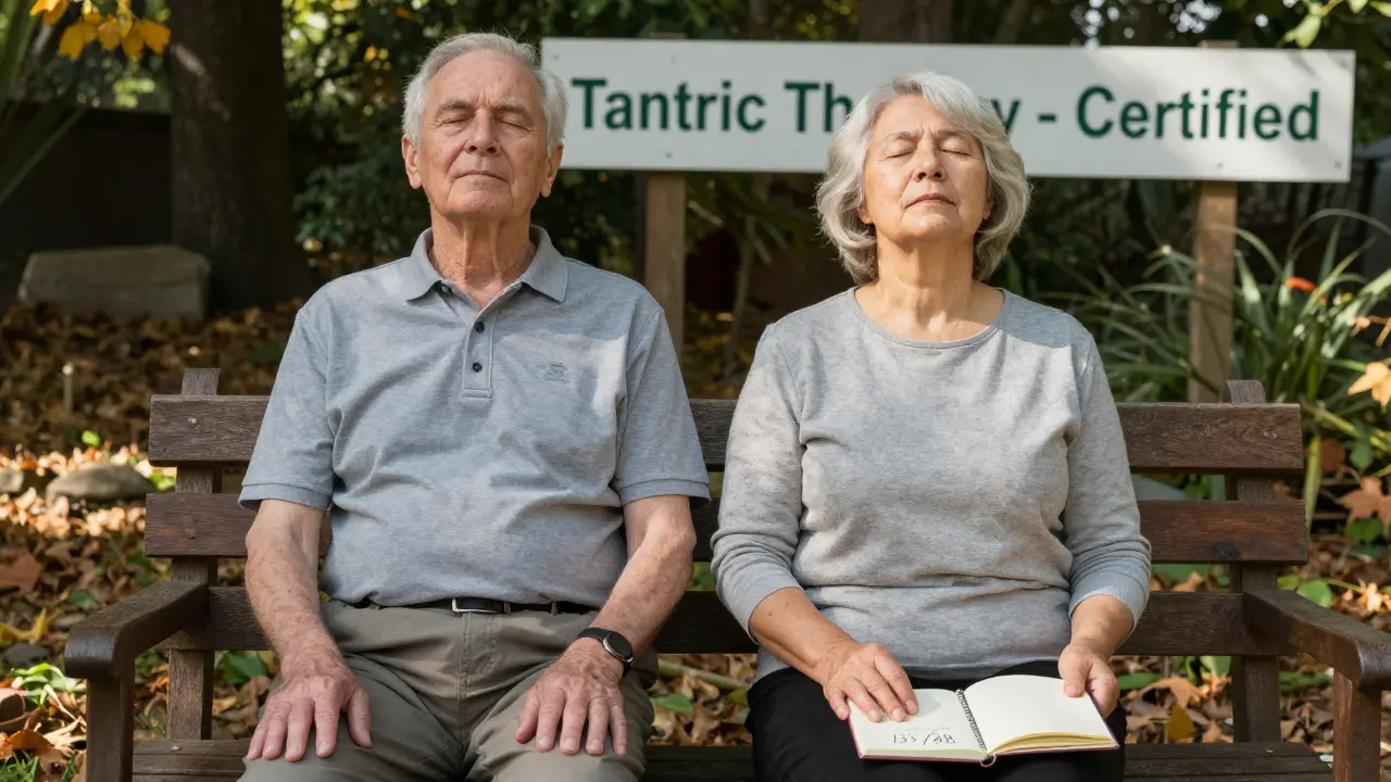 Dva pacienti po masáži v záhrade, ich krvný tlak sa znížil a cítia sa pokojne.