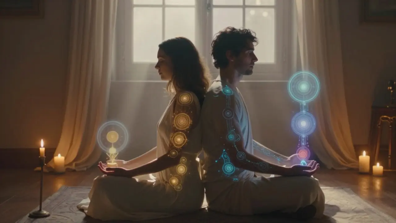 Dvojica sedí back-to-back s jemnými svetelnými kruhmi pozdĺž tela, symbolizujúcimi spojenie energie a prítomnosti.