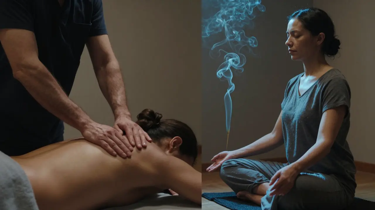Dvojité zobrazenie: jedna strana ukazuje klasickú masáž svalov, druhá strana tantrickú masáž s dotykom a pokojom.