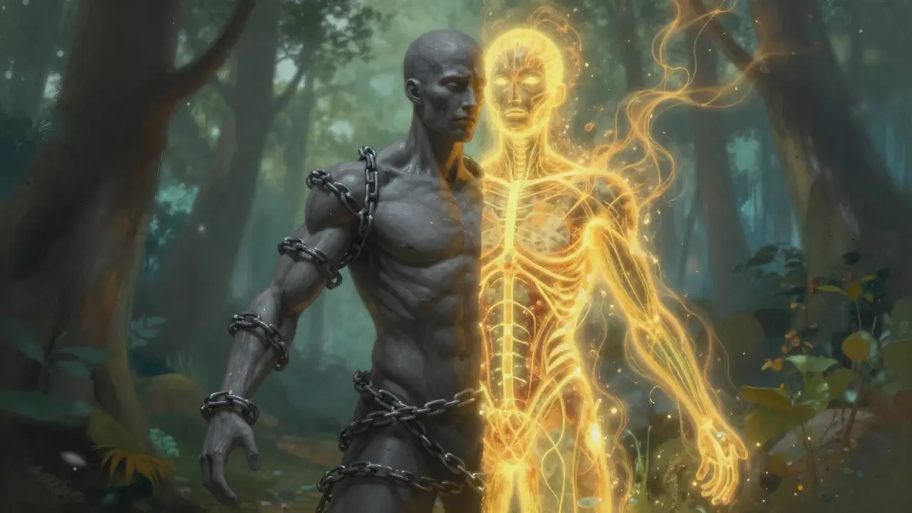 Dvojité zobrazenie tela: jedna strana stresovaná a zatvorená, druhá strana živá a vyžaruje energiu.