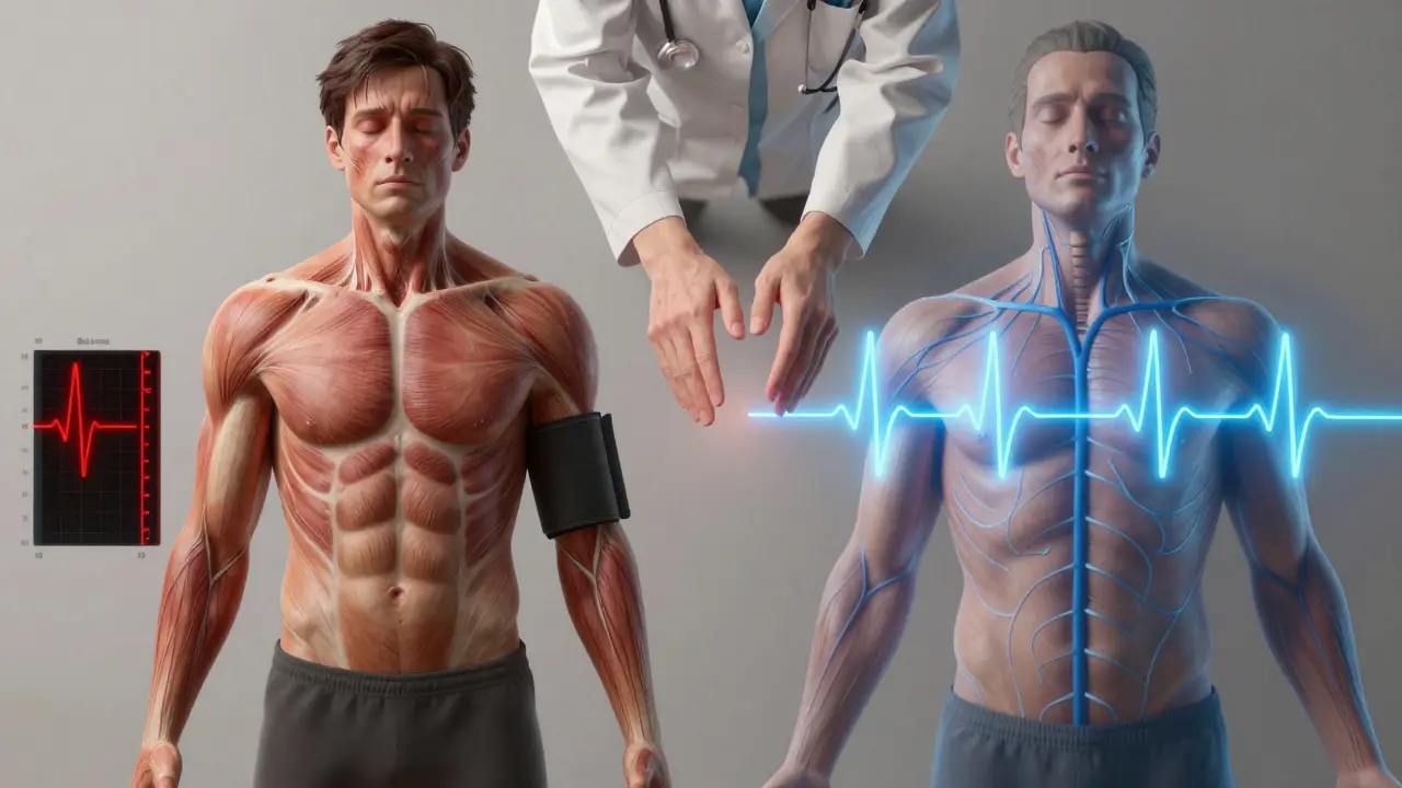 Kontrast medzi stresovaným a uvoľneným telom s symbolickým znázornením nervového systému.