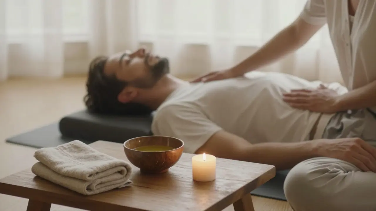 Muž leží na podložke, partnerka rukou čaká nad jeho telom — ticho, prítomnosť, bez dotyku.