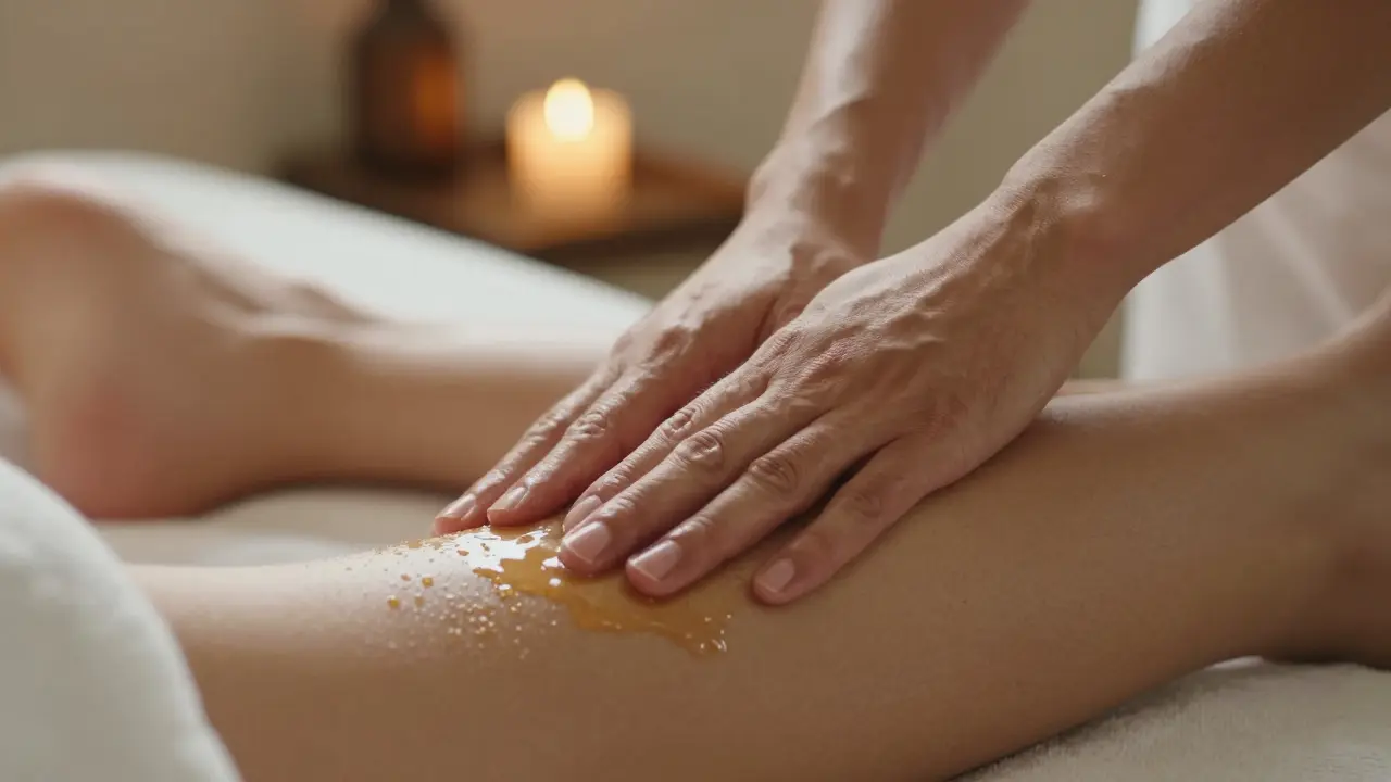 Ruky jemne hladia nohu muža teplým kokosovým olejom, v pozadí tichá, teplá izba.