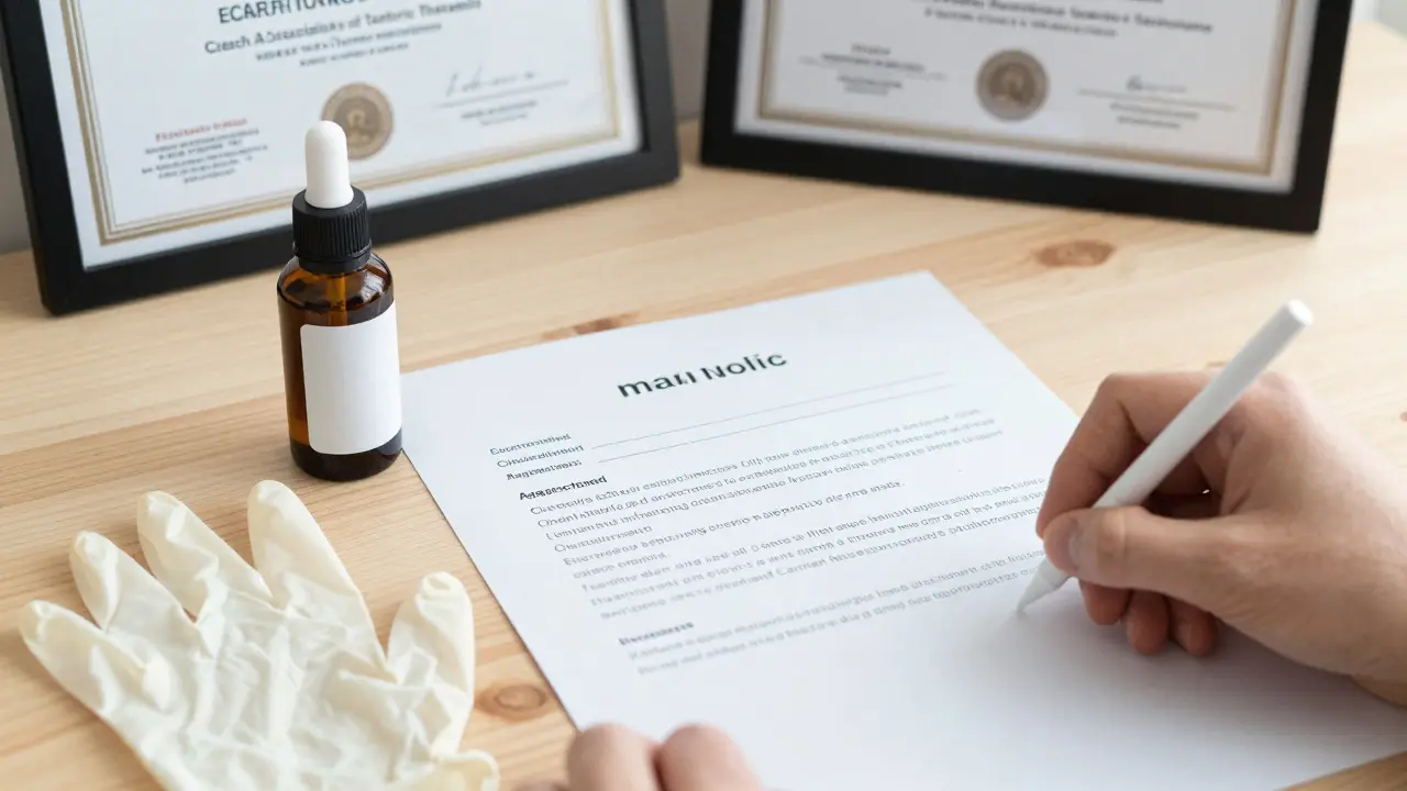 Signed safety agreement, disinfectant spray, and certification on a clean table, symbolizing professional tantric massage standards.