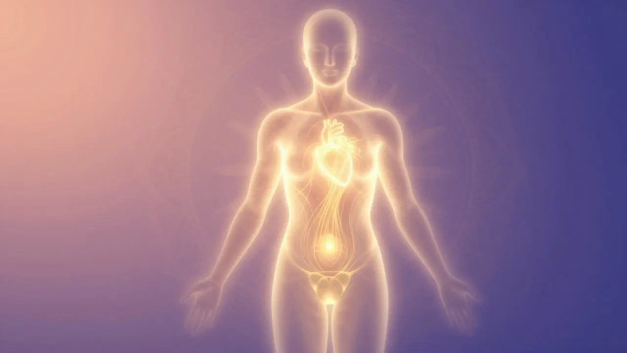 Abstraktný obraz zlatého svetla vyžarujúceho sa z tela, symbolizujúceho duchovné prebudenie a pohyb energie v tele.