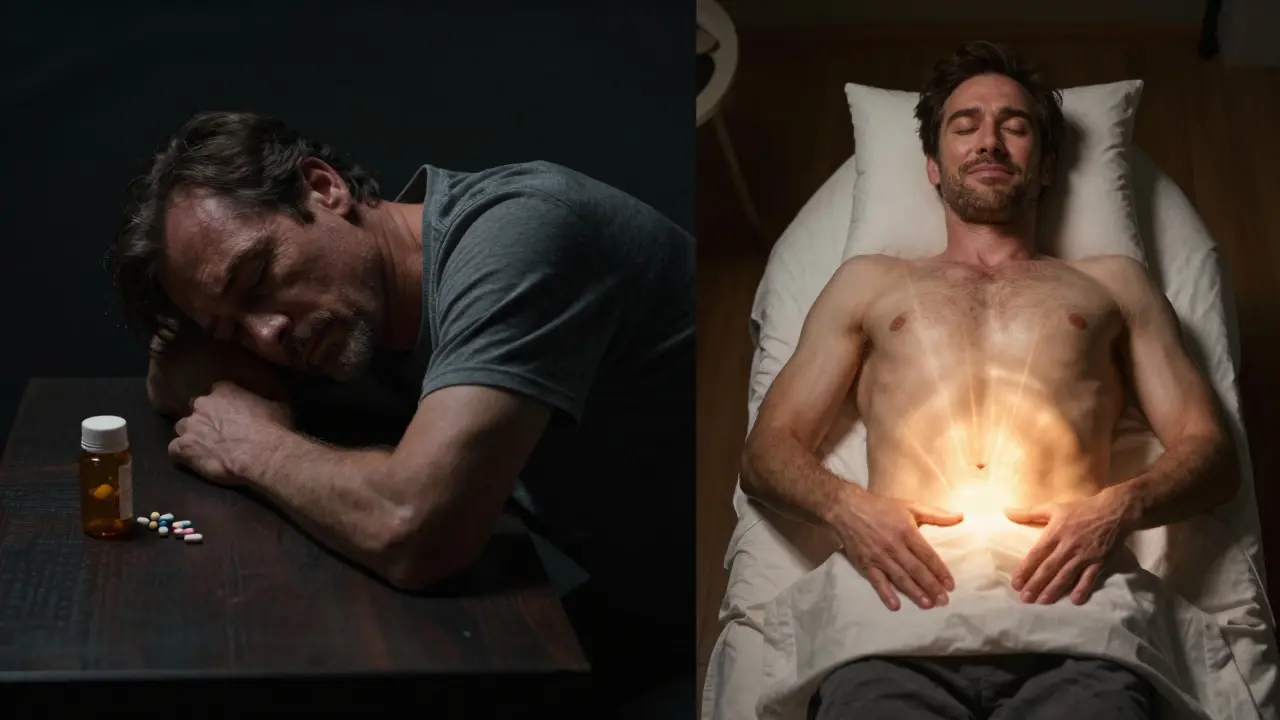 Dva obrazy rovnakého muža: jeden stresovaný a znechutený, druhý pokojný a obnovený po lingam masáži.
