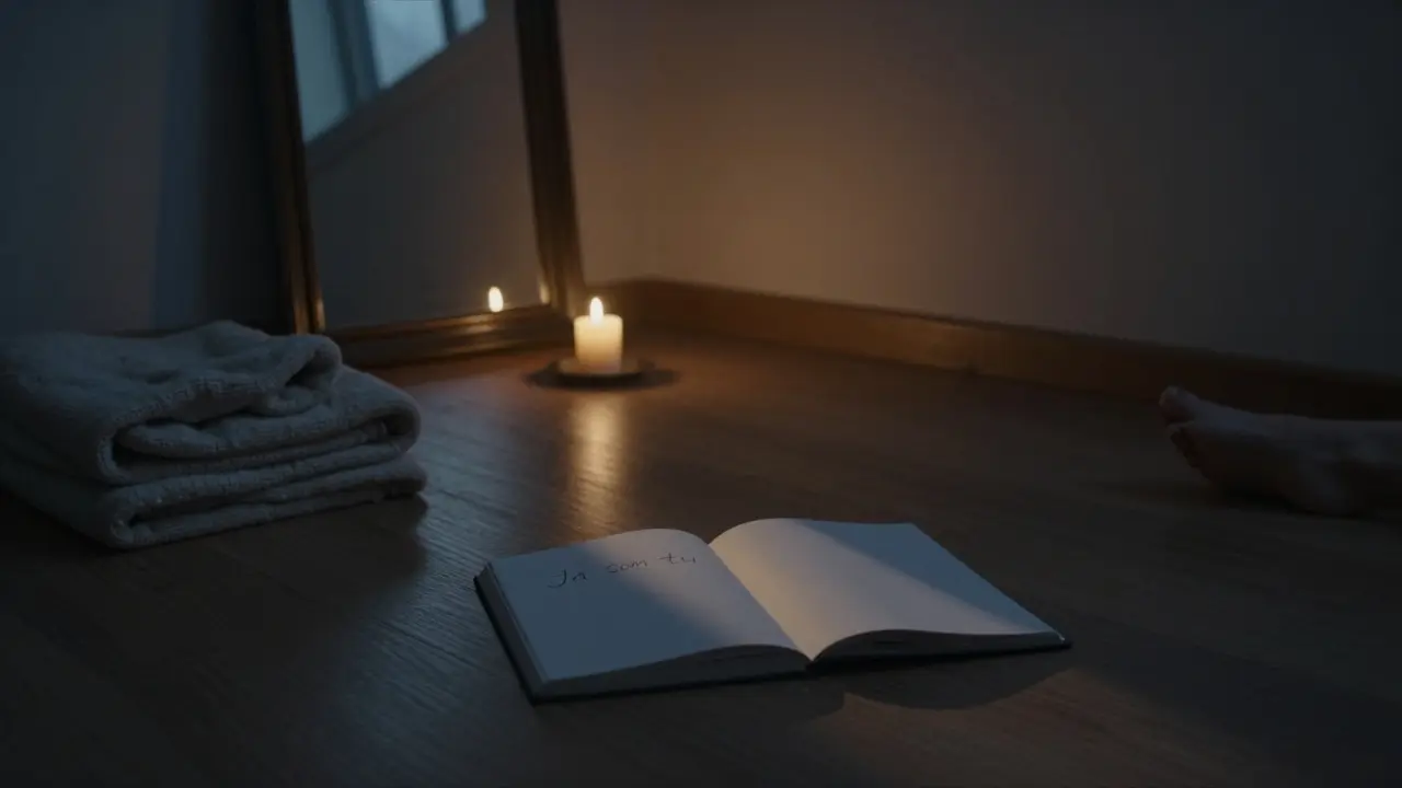 Prázdna izba v súmraku s odrážajúcim zrkadlom, sviečka a zložený plátno, cíti sa ticho a vnútorná pokoj.