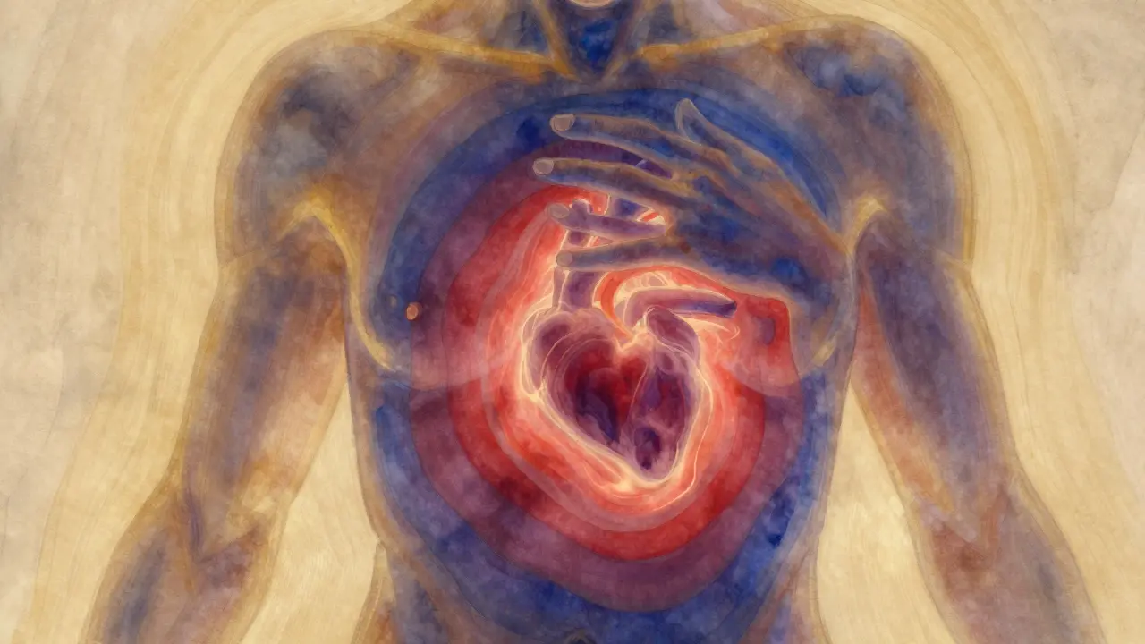 Prehľad ľudského tela s vrstvami dotykov a emocionálnej energie, ktoré sa rozširujú od pokožky do hĺbky.